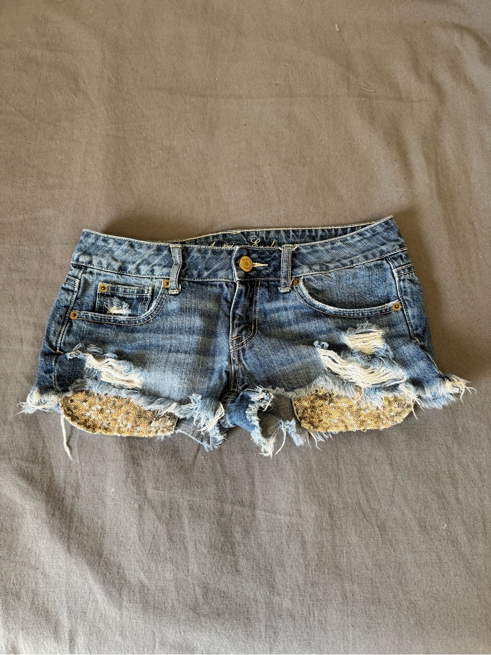 American Eagle Outfitters Distressed Denim Shorts with Gold Sequin Panels - Blue